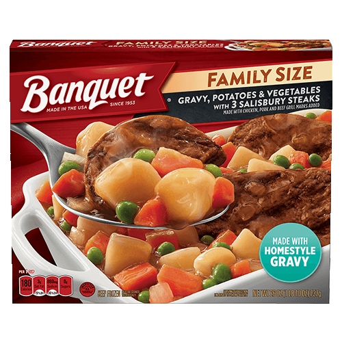 BANQUET FAMIY SIZE GRAVY,POTATOES & VEGETABLES WITH 3 SALISBURY STEAKS